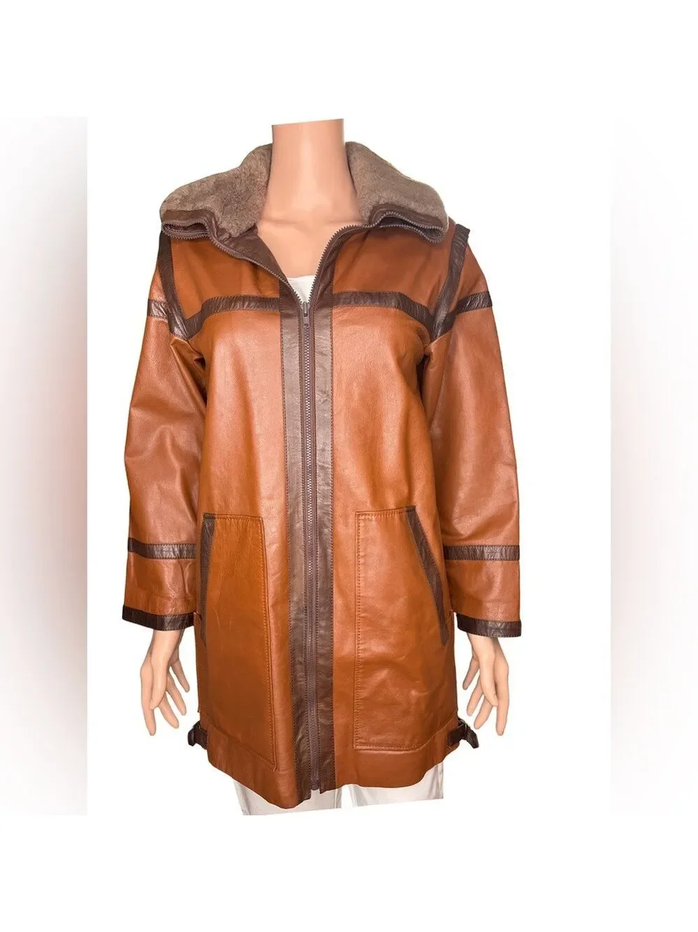 Vegan Leather Long Coat with Faux Fur Collar Medium
